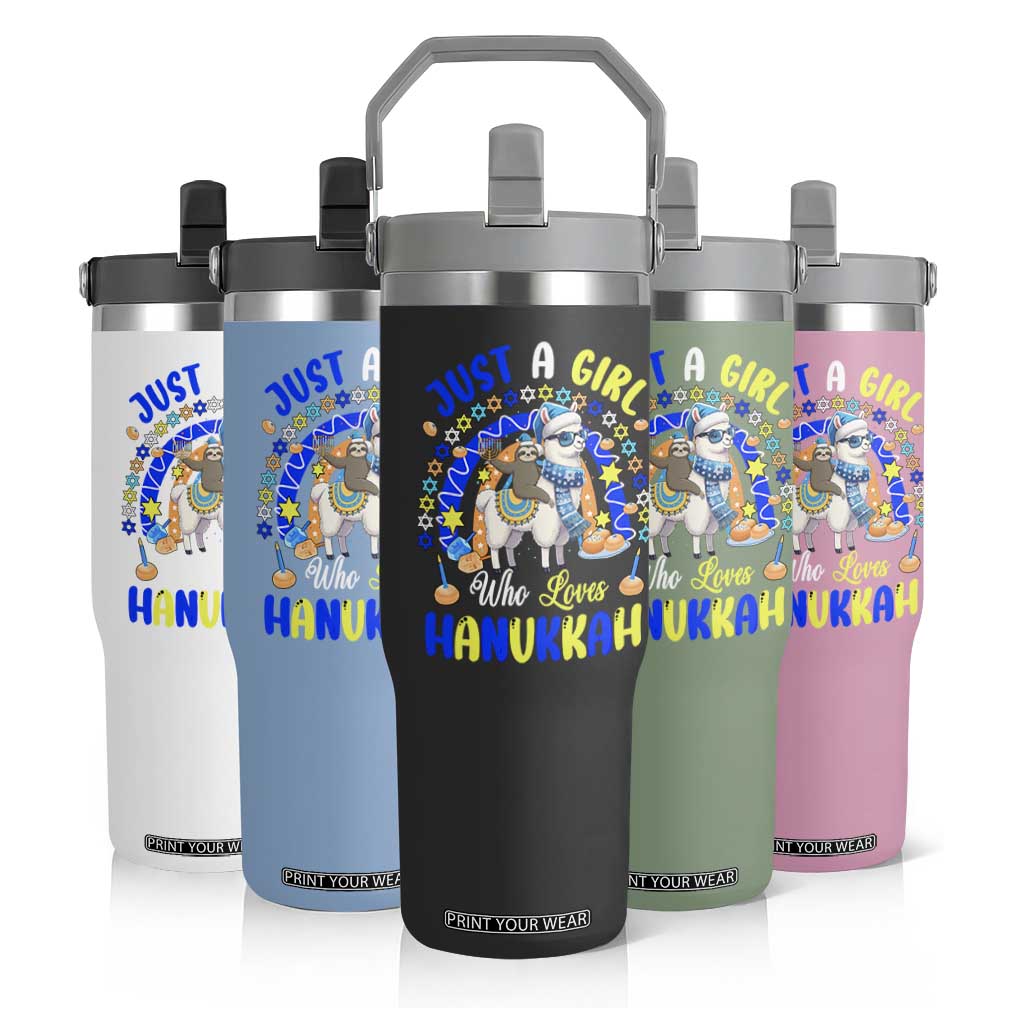 A Girl Loves Hanukkah Flip Straw Tumbler Funny Sloth On Llama Jewish Holiday Gift TS12 Print Your Wear