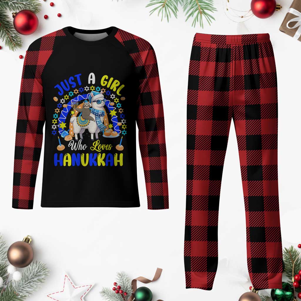 A Girl Loves Hanukkah Plaid Pajama Set Funny Sloth On Llama Jewish Holiday Gift TS12 Buffalo Plaid Print Your Wear