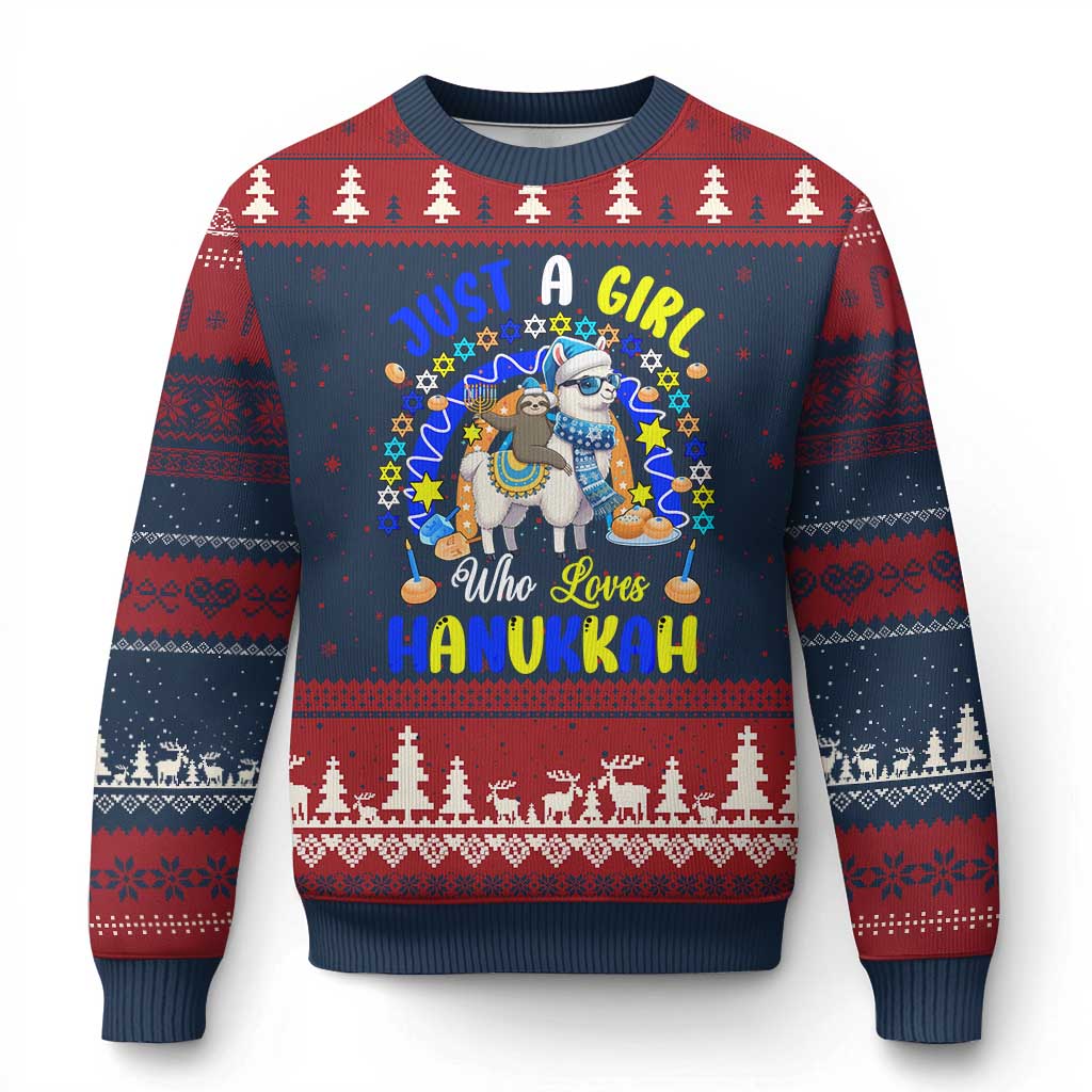 A Girl Loves Hanukkah Ugly Christmas Sweater Funny Sloth On Llama Jewish Holiday Gift TS12 Navy Red Print Your Wear