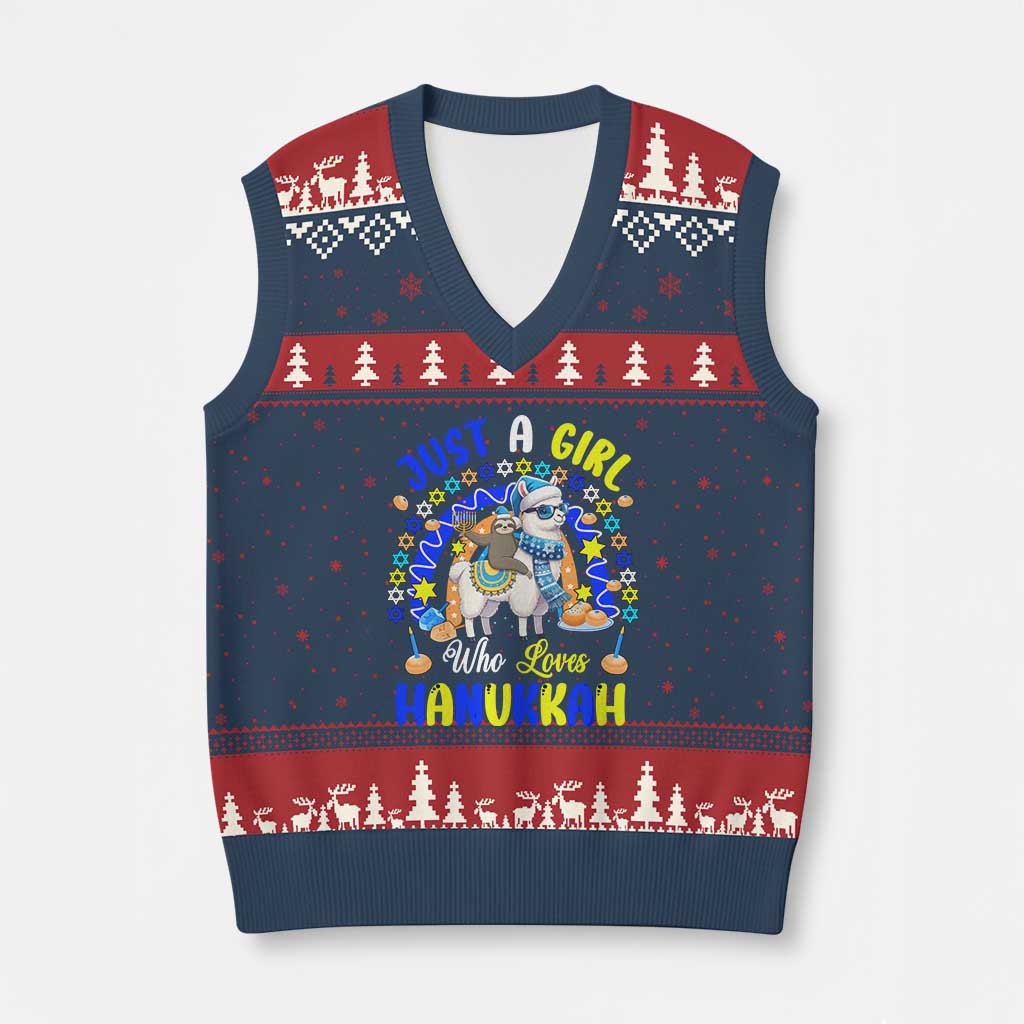 A Girl Loves Hanukkah V-Neck Knit Sweater Vest Funny Sloth On Llama Jewish Holiday Gift TS12 Navy Red Print Your Wear