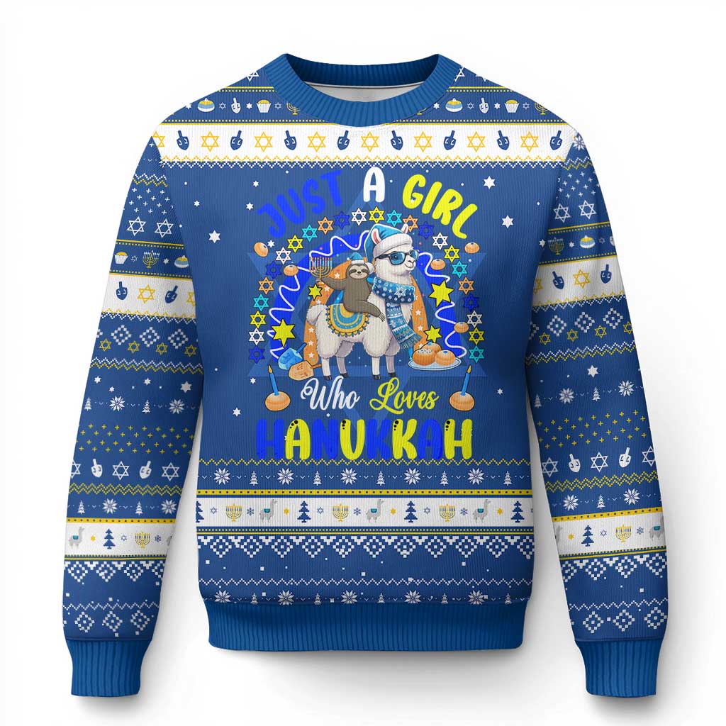 A Girl Loves Chanukkah Hanukkah Ugly Sweater Funny Sloth On Llama Jewish Holiday Gift TS12 Blue White Print Your Wear