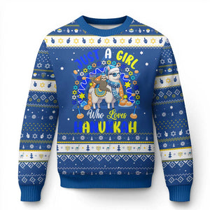 A Girl Loves Chanukkah Hanukkah Ugly Sweater Funny Sloth On Llama Jewish Holiday Gift TS12 Blue White Print Your Wear