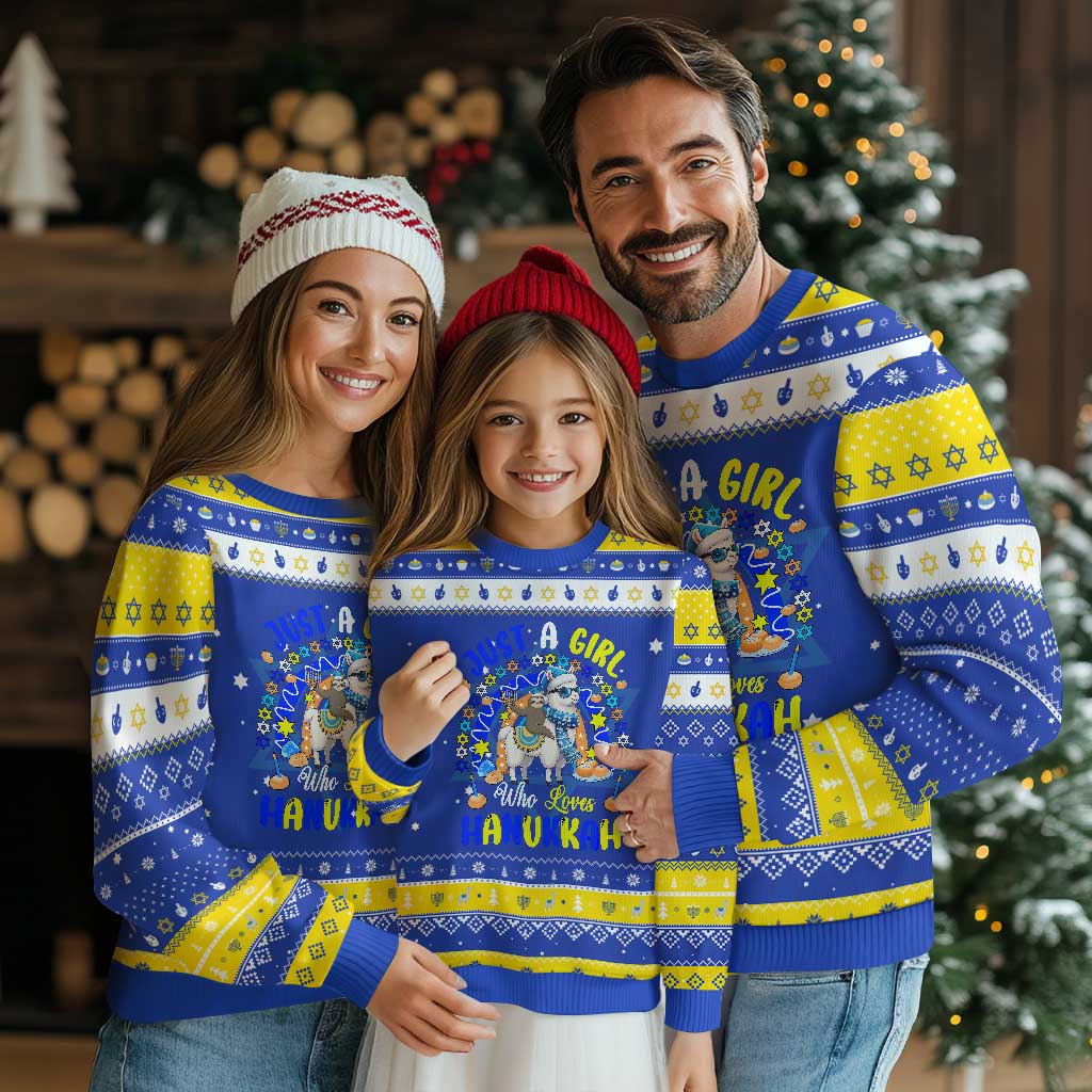 A Girl Loves Chanukkah Hanukkah Ugly Sweater Funny Sloth On Llama Jewish Holiday Gift TS12 Royal Blue Gold Print Your Wear