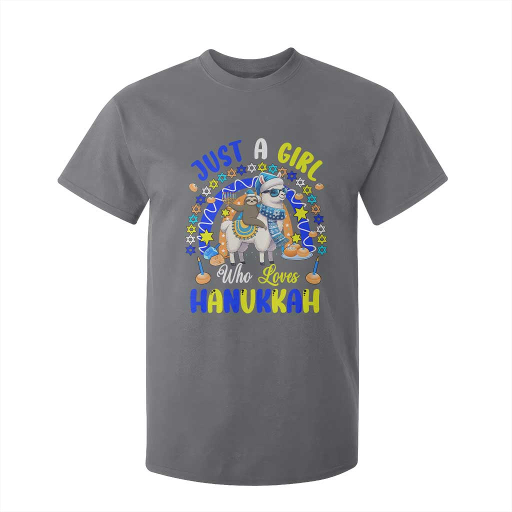 A Girl Loves Hanukkah T Shirt For Kid Funny Sloth On Llama Jewish Holiday Gift TS12 Charcoal Print Your Wear