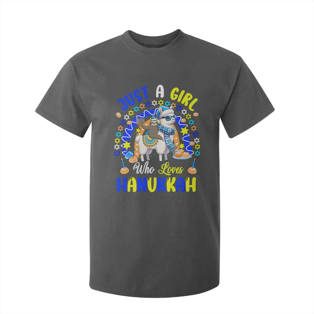 A Girl Loves Hanukkah T Shirt For Kid Funny Sloth On Llama Jewish Holiday Gift TS12 Dark Heather Print Your Wear
