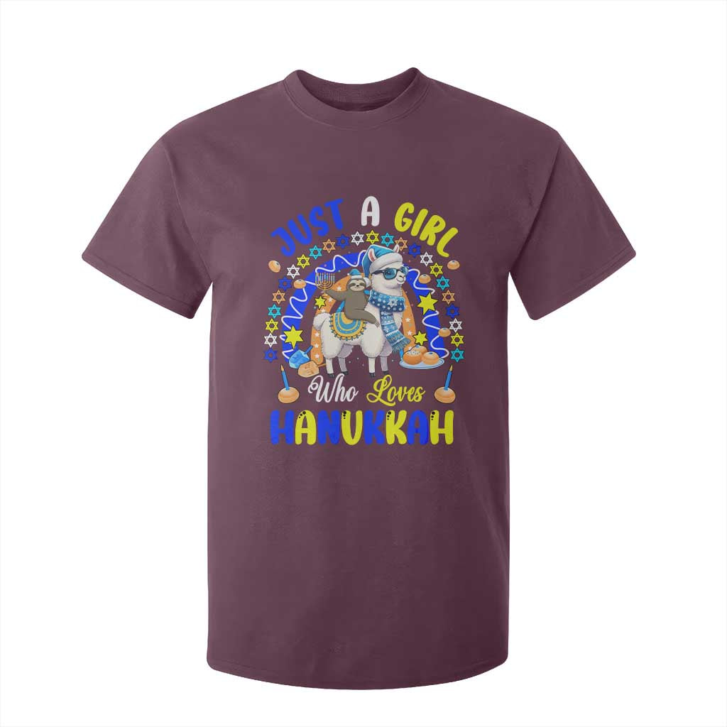 A Girl Loves Hanukkah T Shirt For Kid Funny Sloth On Llama Jewish Holiday Gift TS12 Maroon Print Your Wear