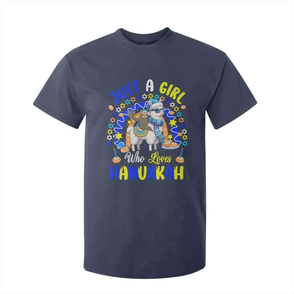 A Girl Loves Hanukkah T Shirt For Kid Funny Sloth On Llama Jewish Holiday Gift TS12 Navy Print Your Wear