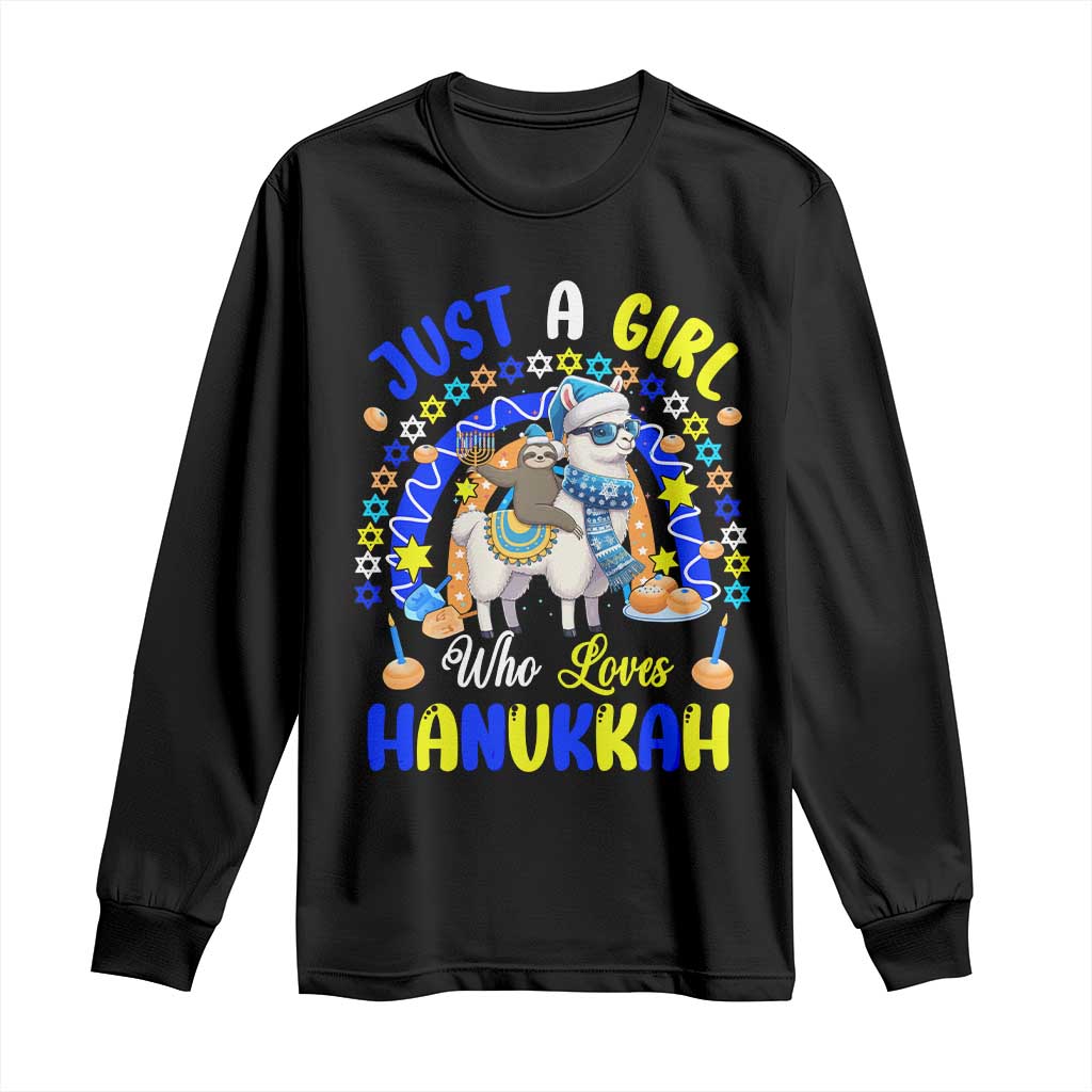 A Girl Loves Hanukkah Long Sleeve Shirt Funny Sloth On Llama Jewish Holiday Gift TS12 Black Print Your Wear