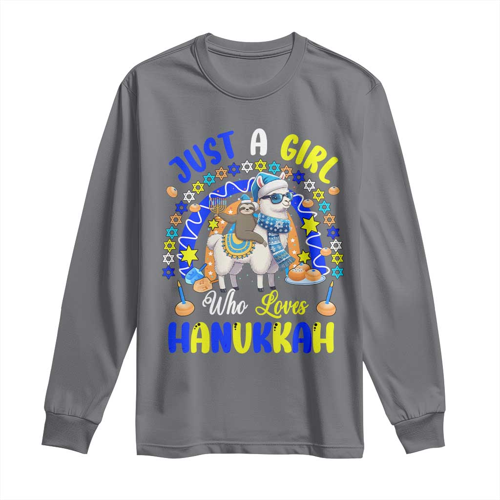 A Girl Loves Hanukkah Long Sleeve Shirt Funny Sloth On Llama Jewish Holiday Gift TS12 Charcoal Print Your Wear
