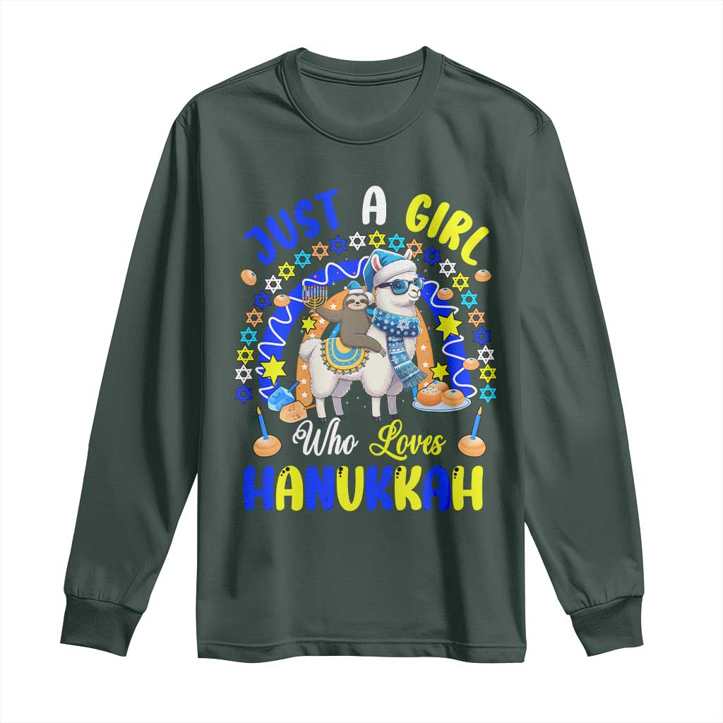 A Girl Loves Hanukkah Long Sleeve Shirt Funny Sloth On Llama Jewish Holiday Gift TS12 Dark Forest Green Print Your Wear