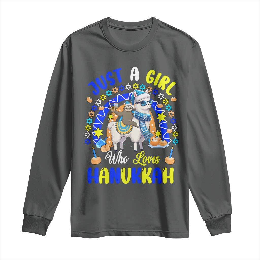 A Girl Loves Hanukkah Long Sleeve Shirt Funny Sloth On Llama Jewish Holiday Gift TS12 Dark Heather Print Your Wear