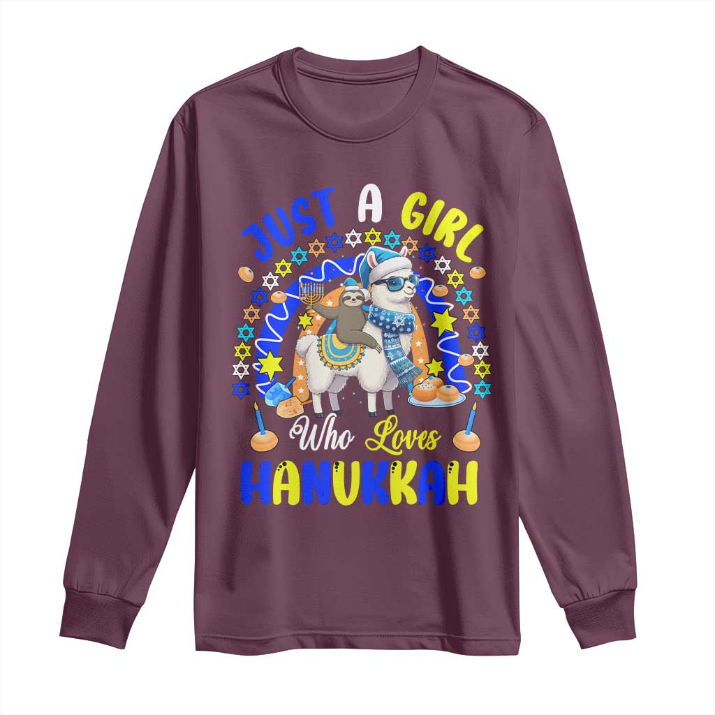 A Girl Loves Hanukkah Long Sleeve Shirt Funny Sloth On Llama Jewish Holiday Gift TS12 Maroon Print Your Wear