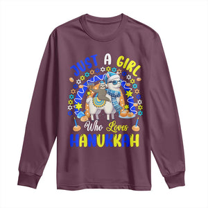 A Girl Loves Hanukkah Long Sleeve Shirt Funny Sloth On Llama Jewish Holiday Gift TS12 Maroon Print Your Wear