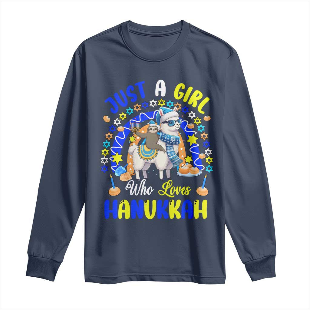 A Girl Loves Hanukkah Long Sleeve Shirt Funny Sloth On Llama Jewish Holiday Gift TS12 Navy Print Your Wear
