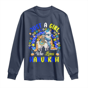 A Girl Loves Hanukkah Long Sleeve Shirt Funny Sloth On Llama Jewish Holiday Gift TS12 Navy Print Your Wear