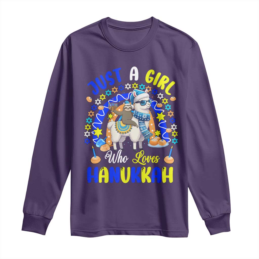 A Girl Loves Hanukkah Long Sleeve Shirt Funny Sloth On Llama Jewish Holiday Gift TS12 Purple Print Your Wear