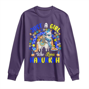 A Girl Loves Hanukkah Long Sleeve Shirt Funny Sloth On Llama Jewish Holiday Gift TS12 Purple Print Your Wear