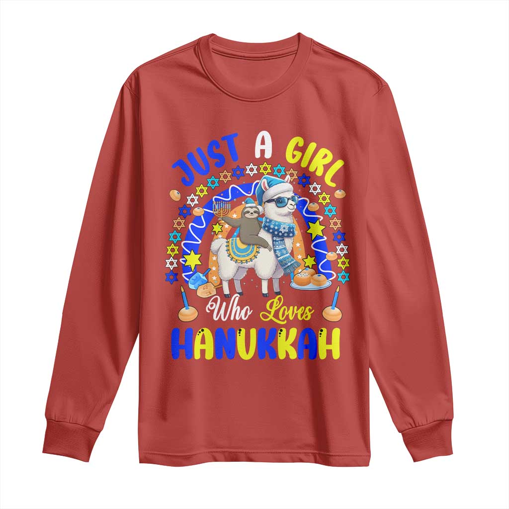 A Girl Loves Hanukkah Long Sleeve Shirt Funny Sloth On Llama Jewish Holiday Gift TS12 Red Print Your Wear