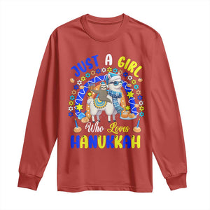 A Girl Loves Hanukkah Long Sleeve Shirt Funny Sloth On Llama Jewish Holiday Gift TS12 Red Print Your Wear