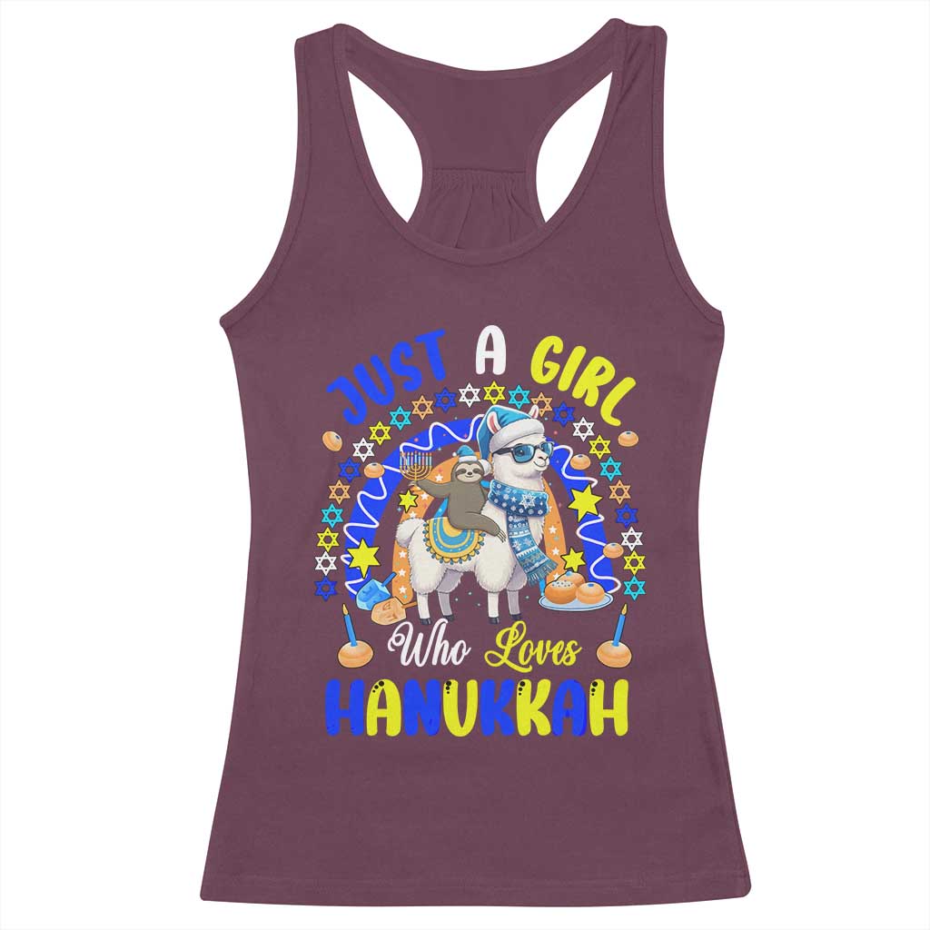 A Girl Loves Hanukkah Racerback Tank Top Funny Sloth On Llama Jewish Holiday Gift TS12 Maroon Print Your Wear