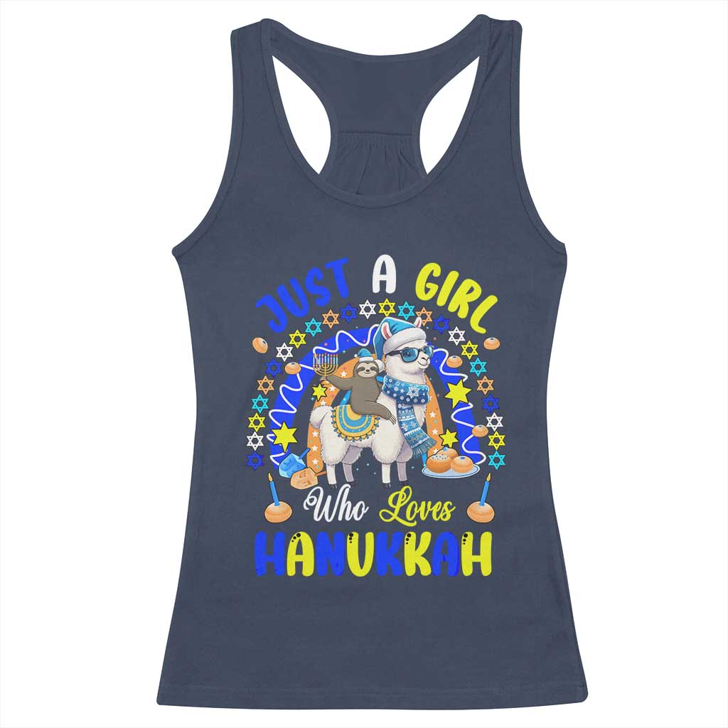 A Girl Loves Hanukkah Racerback Tank Top Funny Sloth On Llama Jewish Holiday Gift TS12 Navy Print Your Wear