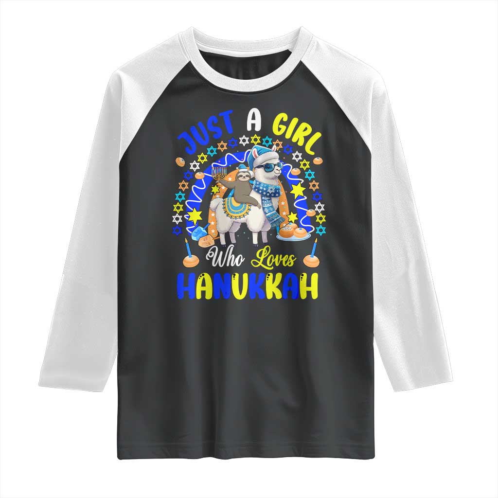 A Girl Loves Hanukkah Raglan Shirt Funny Sloth On Llama Jewish Holiday Gift TS12 Black White Print Your Wear