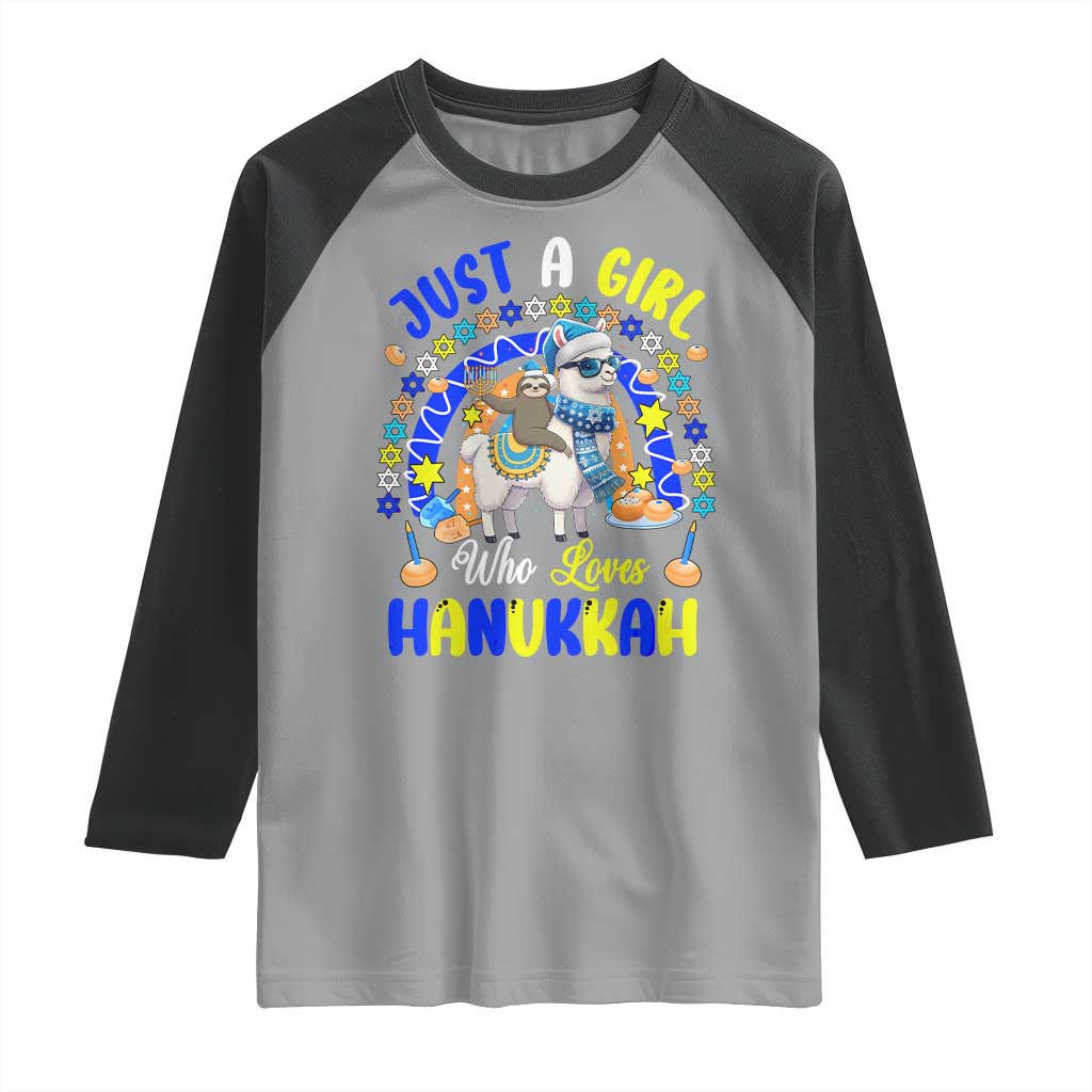 A Girl Loves Hanukkah Raglan Shirt Funny Sloth On Llama Jewish Holiday Gift TS12 Sport Gray Black Print Your Wear