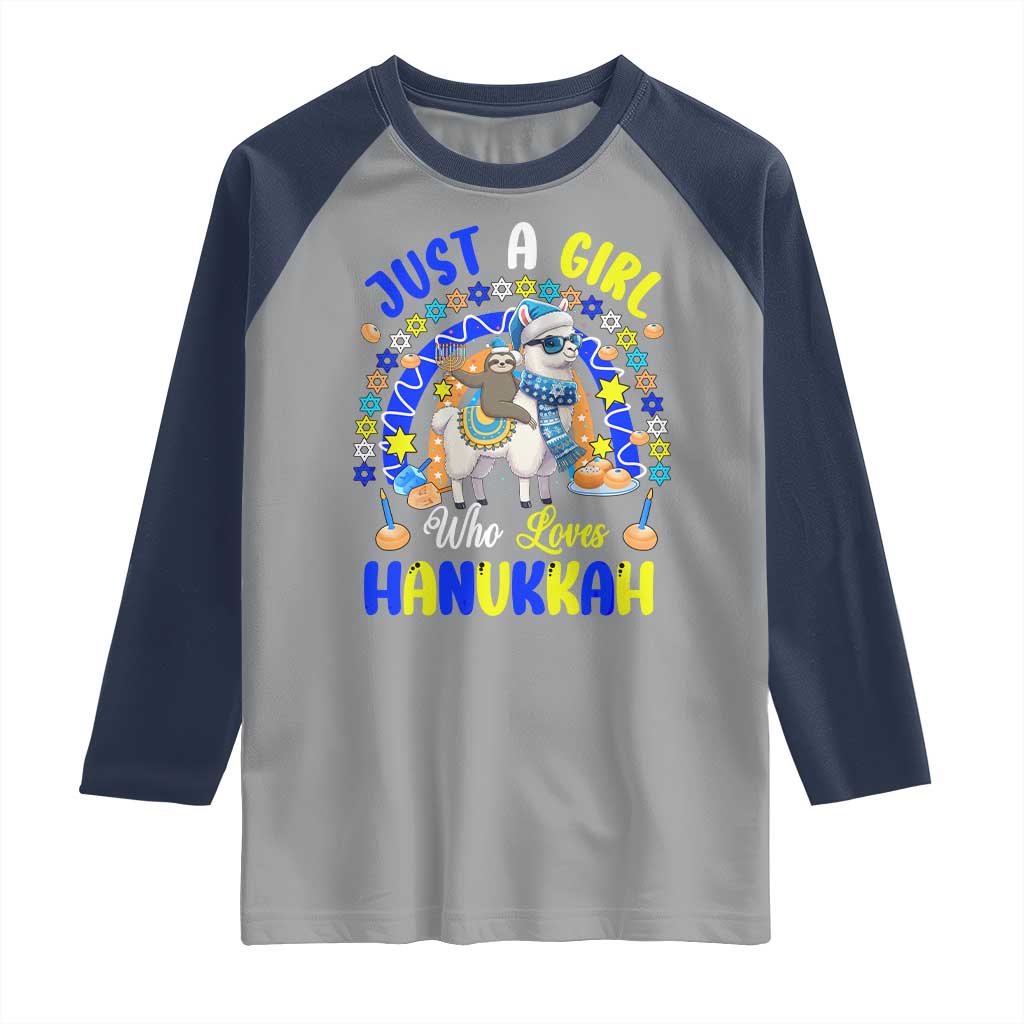 A Girl Loves Hanukkah Raglan Shirt Funny Sloth On Llama Jewish Holiday Gift TS12 Sport Gray Navy Print Your Wear