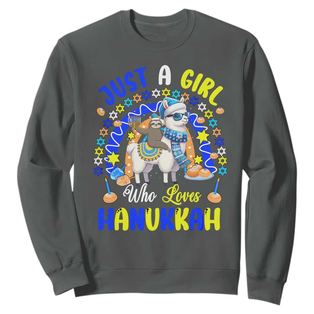 A Girl Loves Hanukkah Sweatshirt Funny Sloth On Llama Jewish Holiday Gift TS12 Dark Heather Print Your Wear
