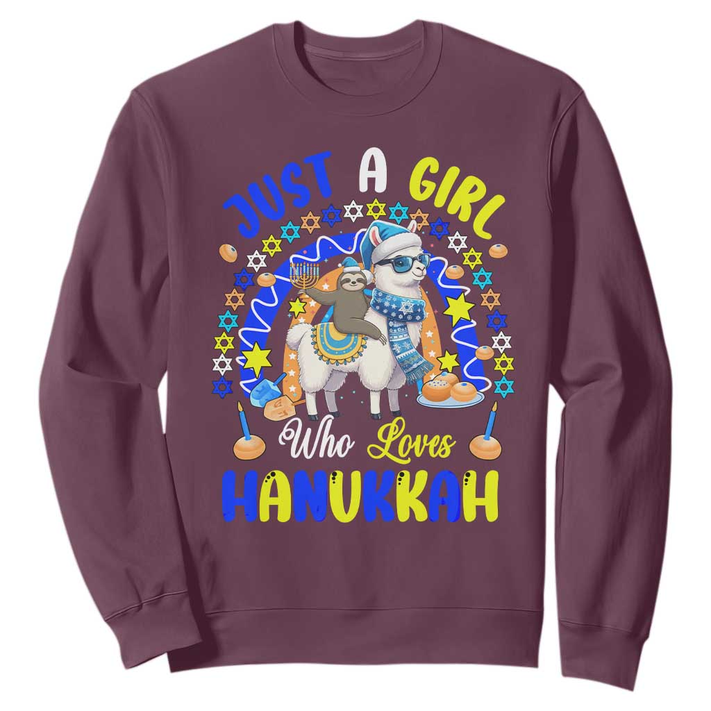 A Girl Loves Hanukkah Sweatshirt Funny Sloth On Llama Jewish Holiday Gift TS12 Maroon Print Your Wear