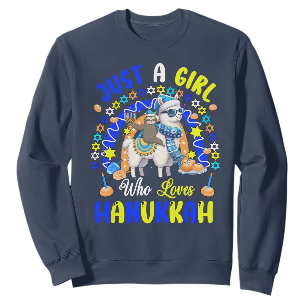 A Girl Loves Hanukkah Sweatshirt Funny Sloth On Llama Jewish Holiday Gift TS12 Navy Print Your Wear