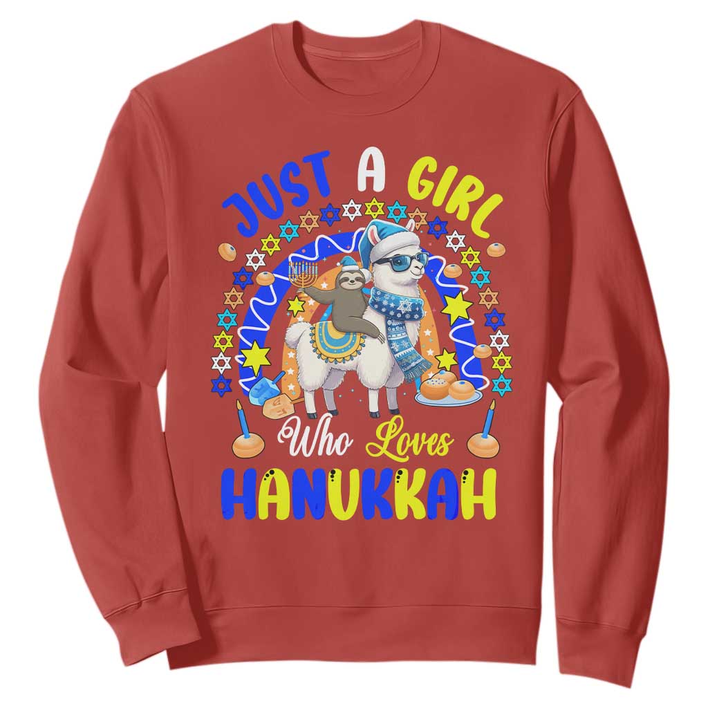 A Girl Loves Hanukkah Sweatshirt Funny Sloth On Llama Jewish Holiday Gift TS12 Red Print Your Wear