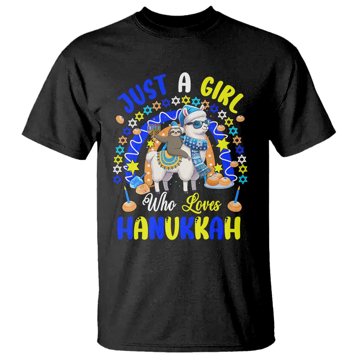 A Girl Loves Hanukkah T Shirt Funny Sloth On Llama Jewish Holiday Gift TS12 Black Print Your Wear