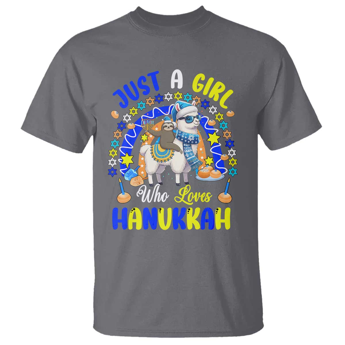 A Girl Loves Hanukkah T Shirt Funny Sloth On Llama Jewish Holiday Gift TS12 Charcoal Print Your Wear
