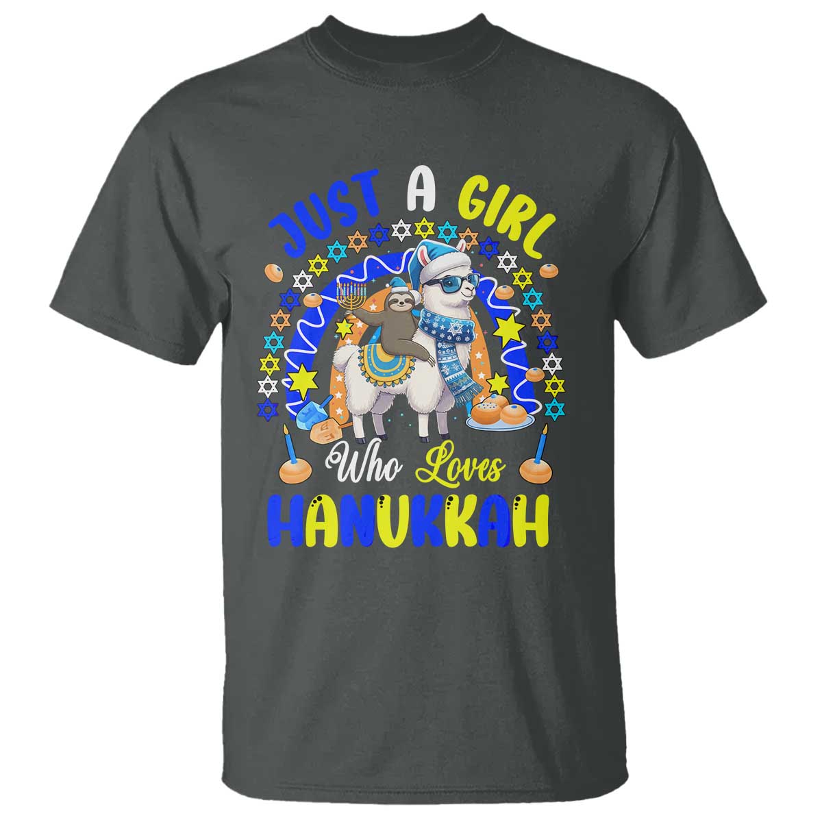 A Girl Loves Hanukkah T Shirt Funny Sloth On Llama Jewish Holiday Gift TS12 Dark Heather Print Your Wear