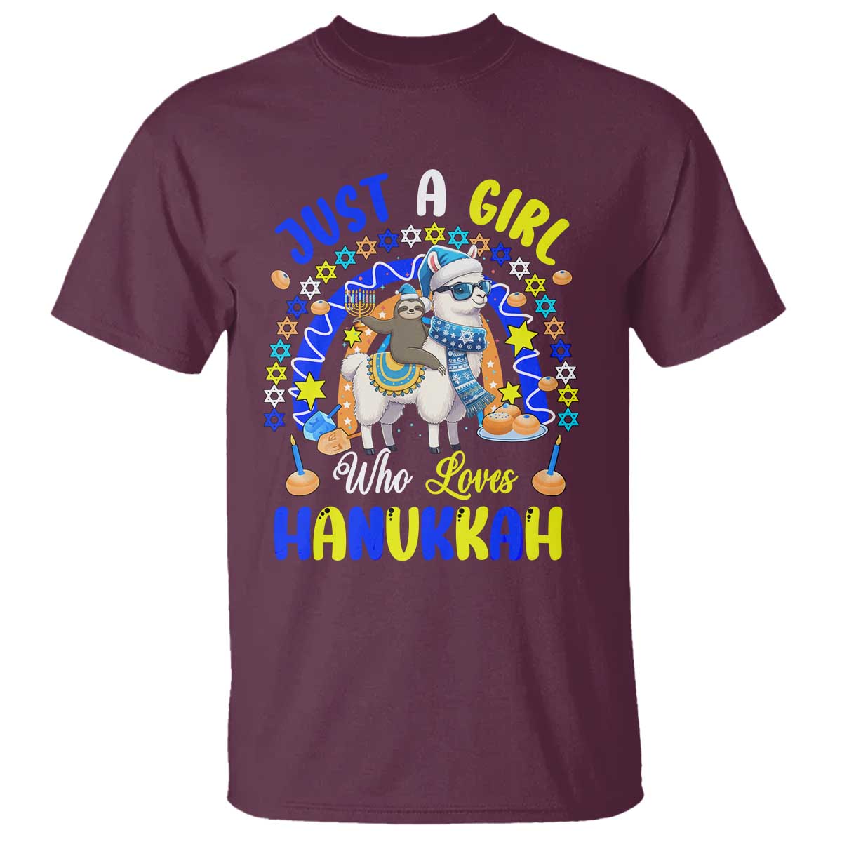 A Girl Loves Hanukkah T Shirt Funny Sloth On Llama Jewish Holiday Gift TS12 Maroon Print Your Wear