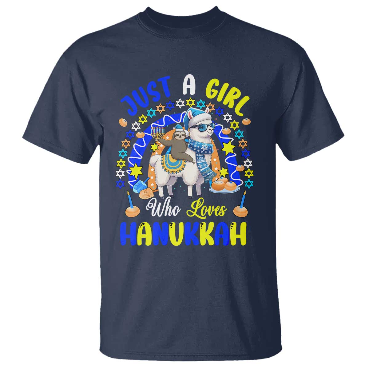 A Girl Loves Hanukkah T Shirt Funny Sloth On Llama Jewish Holiday Gift TS12 Navy Print Your Wear