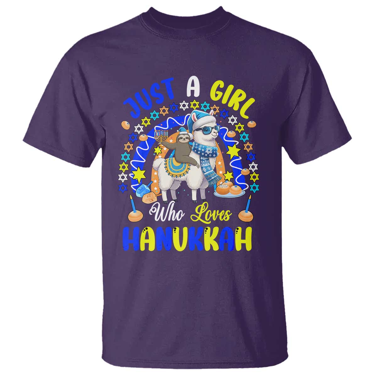 A Girl Loves Hanukkah T Shirt Funny Sloth On Llama Jewish Holiday Gift TS12 Purple Print Your Wear
