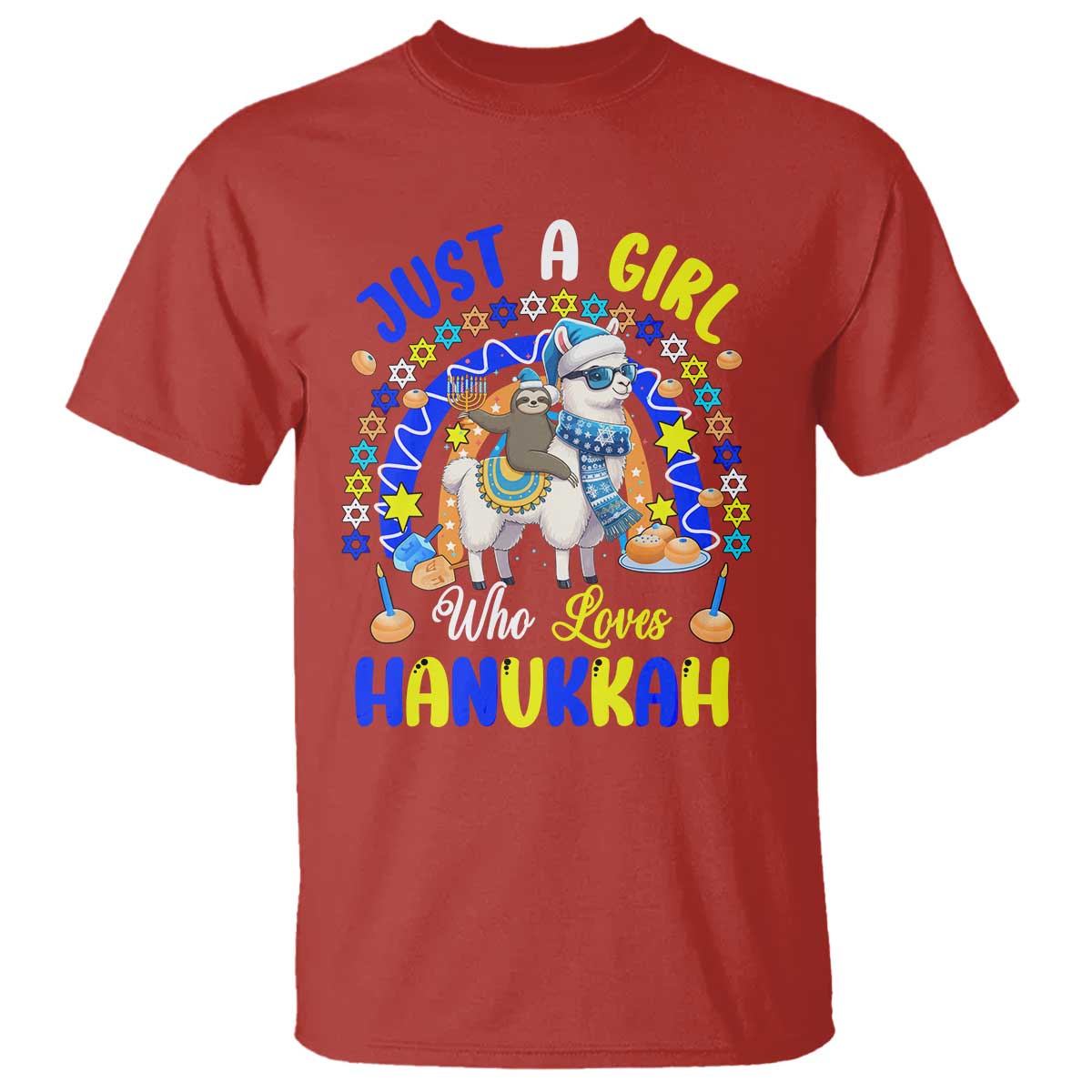 A Girl Loves Hanukkah T Shirt Funny Sloth On Llama Jewish Holiday Gift TS12 Red Print Your Wear