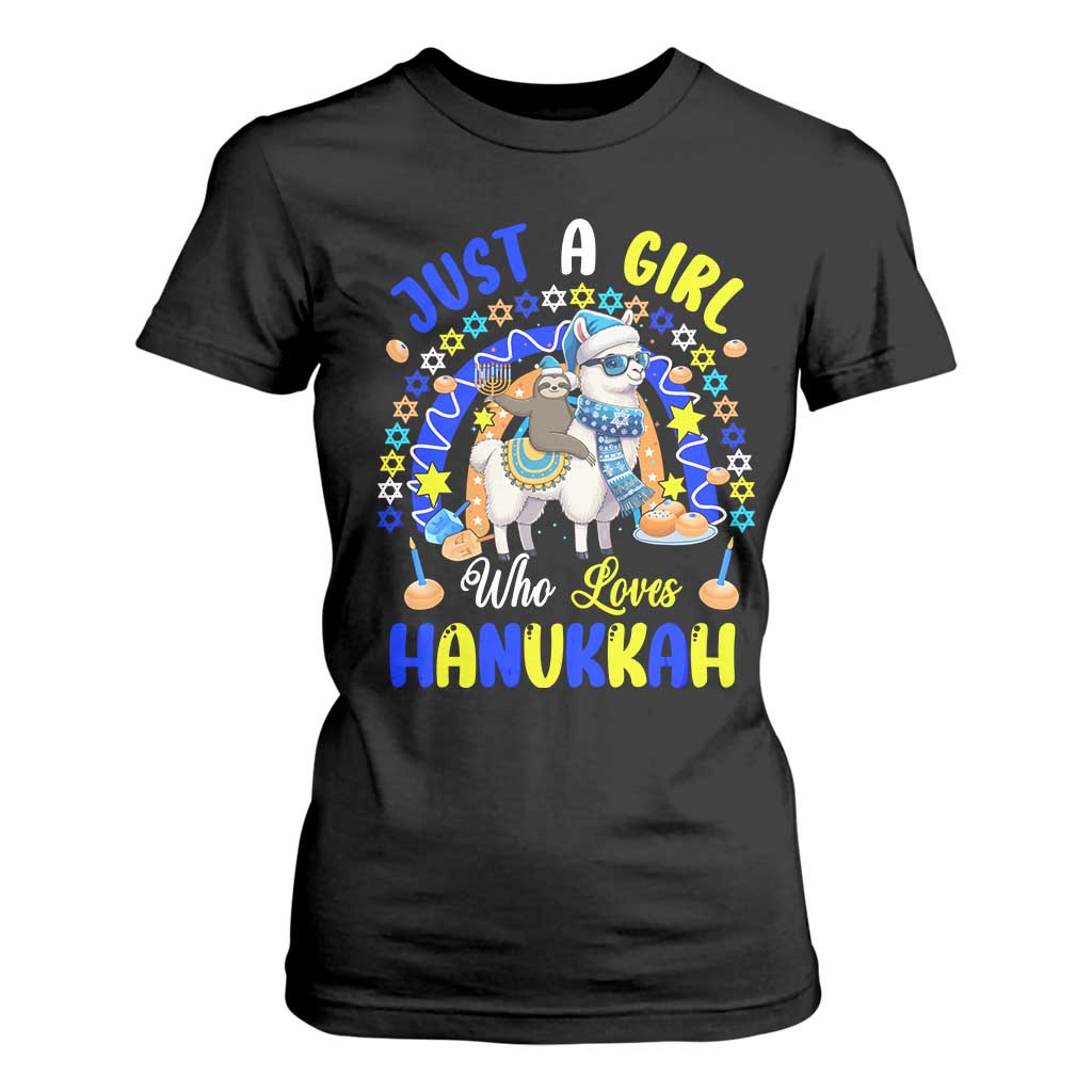 A Girl Loves Hanukkah T Shirt For Women Funny Sloth On Llama Jewish Holiday Gift TS12 Black Print Your Wear