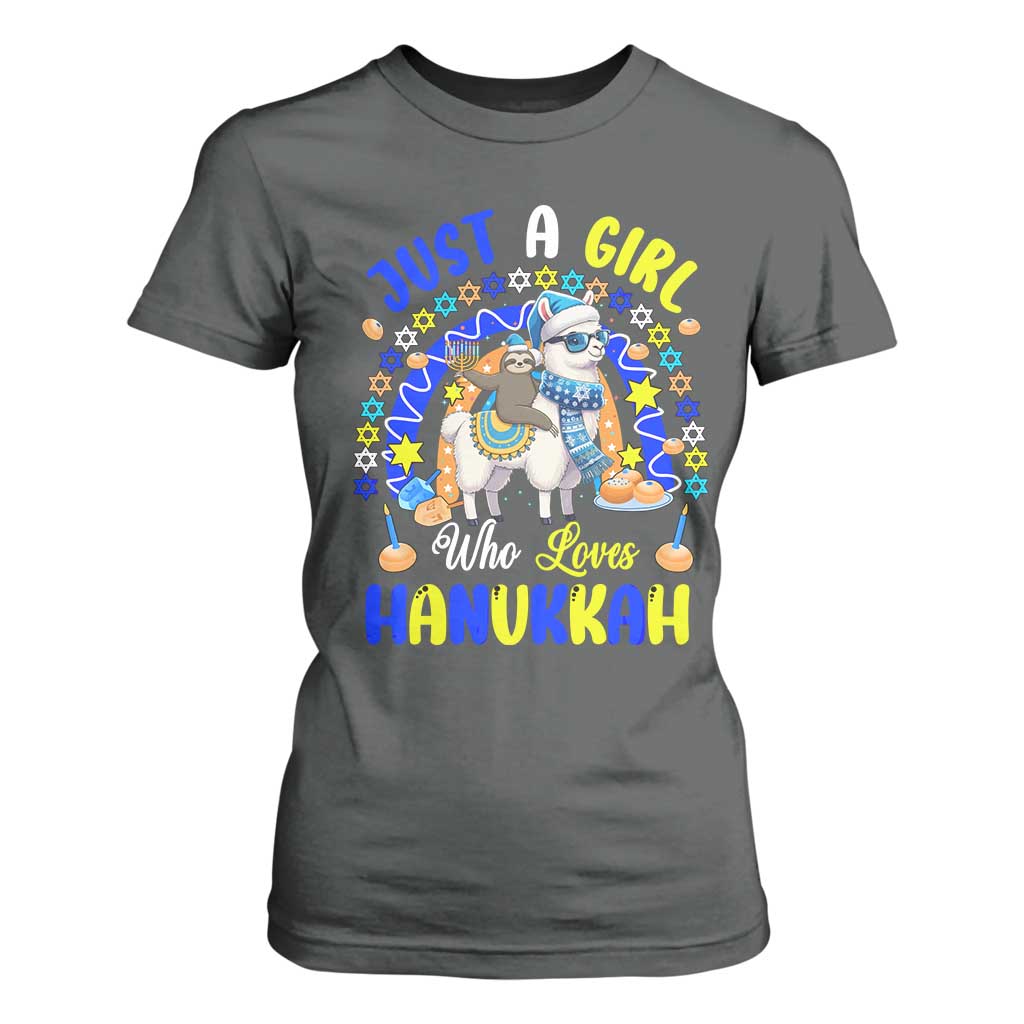 A Girl Loves Hanukkah T Shirt For Women Funny Sloth On Llama Jewish Holiday Gift TS12 Dark Heather Print Your Wear
