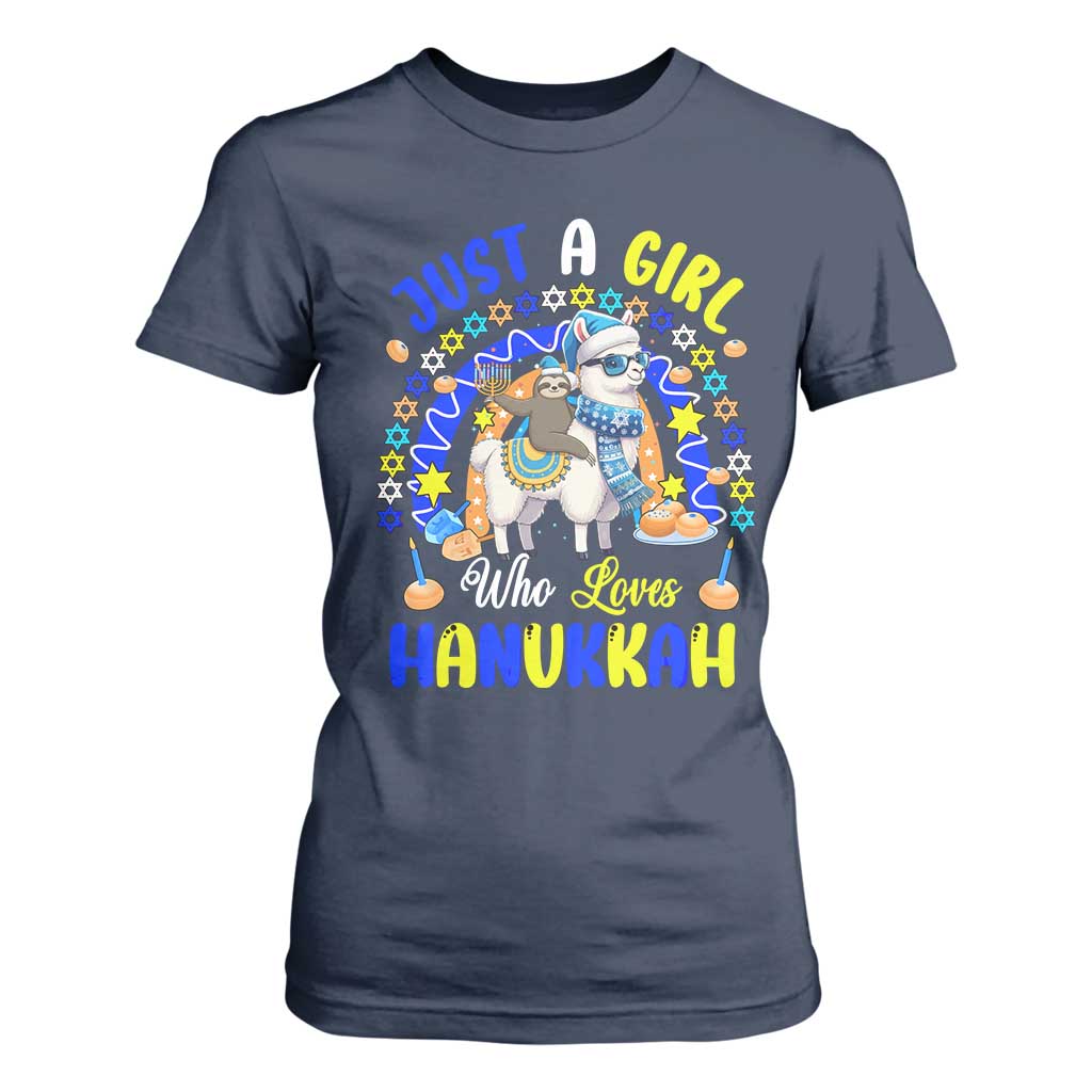 A Girl Loves Hanukkah T Shirt For Women Funny Sloth On Llama Jewish Holiday Gift TS12 Navy Print Your Wear