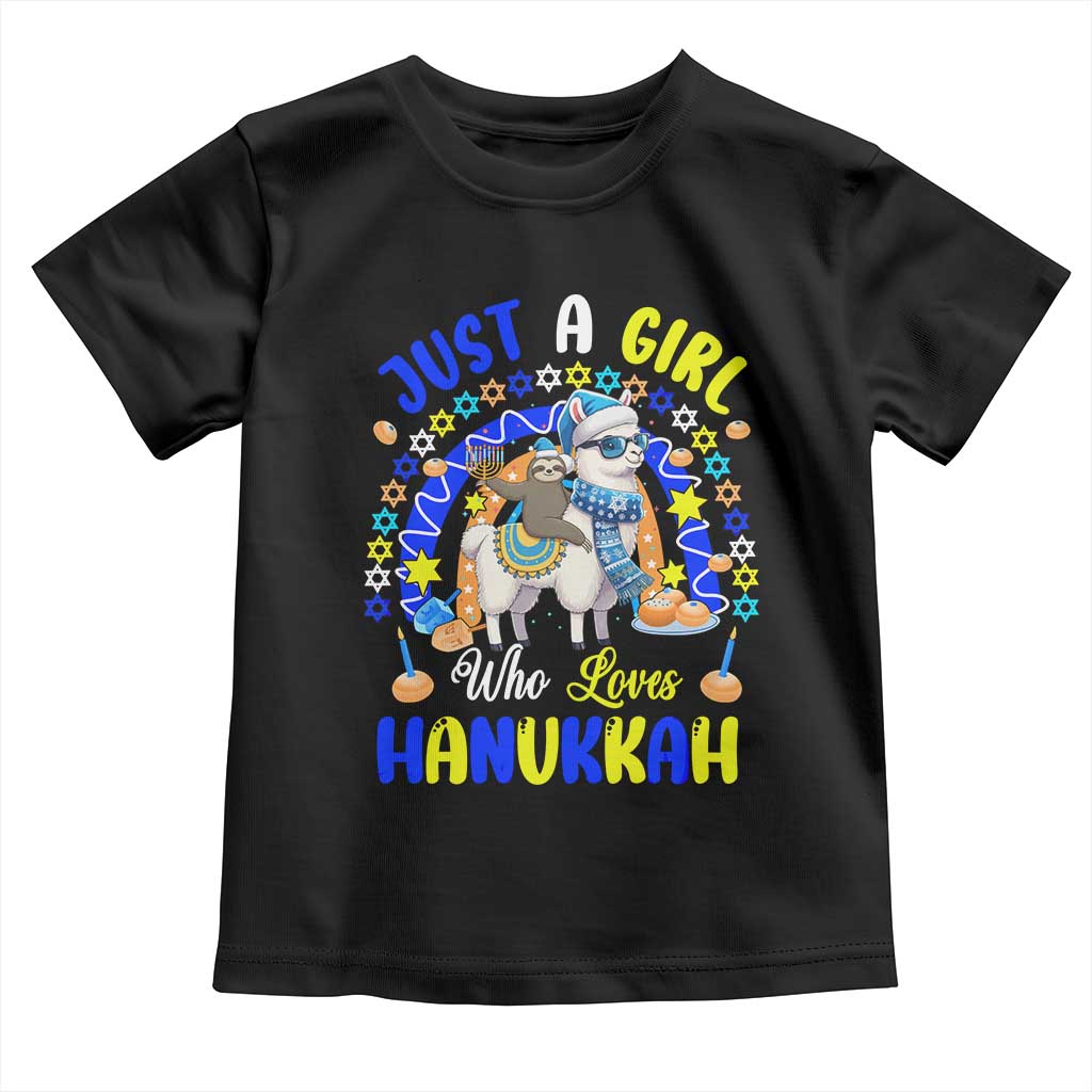 A Girl Loves Hanukkah Toddler T Shirt Funny Sloth On Llama Jewish Holiday Gift TS12 Black Print Your Wear