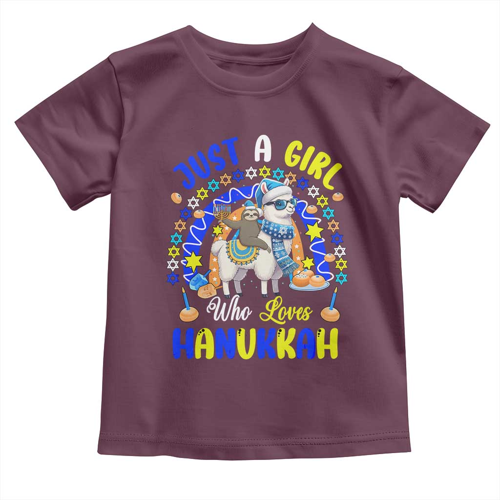 A Girl Loves Hanukkah Toddler T Shirt Funny Sloth On Llama Jewish Holiday Gift TS12 Maroon Print Your Wear