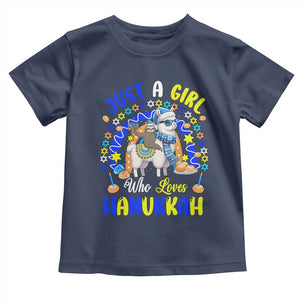 A Girl Loves Hanukkah Toddler T Shirt Funny Sloth On Llama Jewish Holiday Gift TS12 Navy Print Your Wear