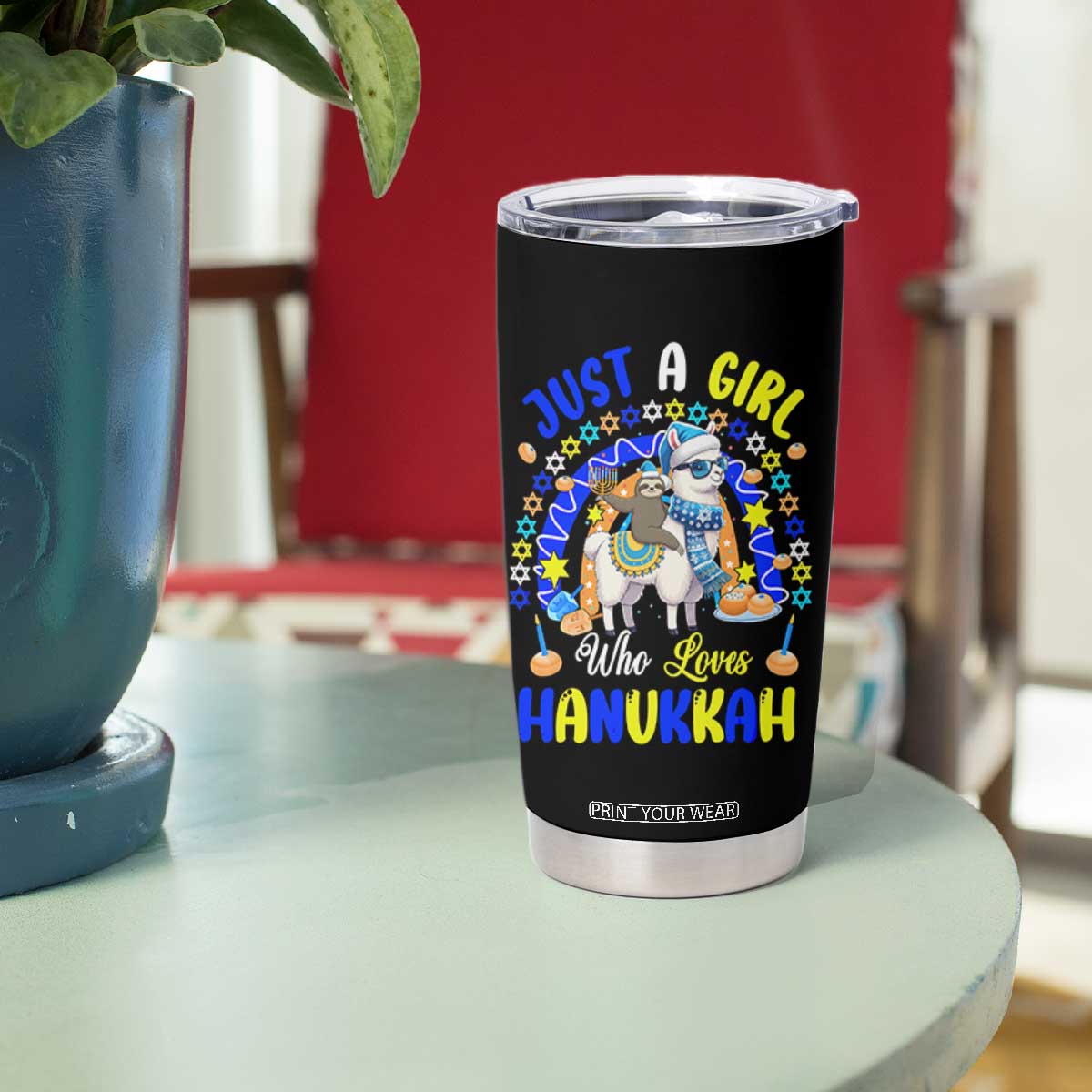 A Girl Loves Hanukkah Tumbler Cup Funny Sloth On Llama Jewish Holiday Gift TS12 Print Your Wear