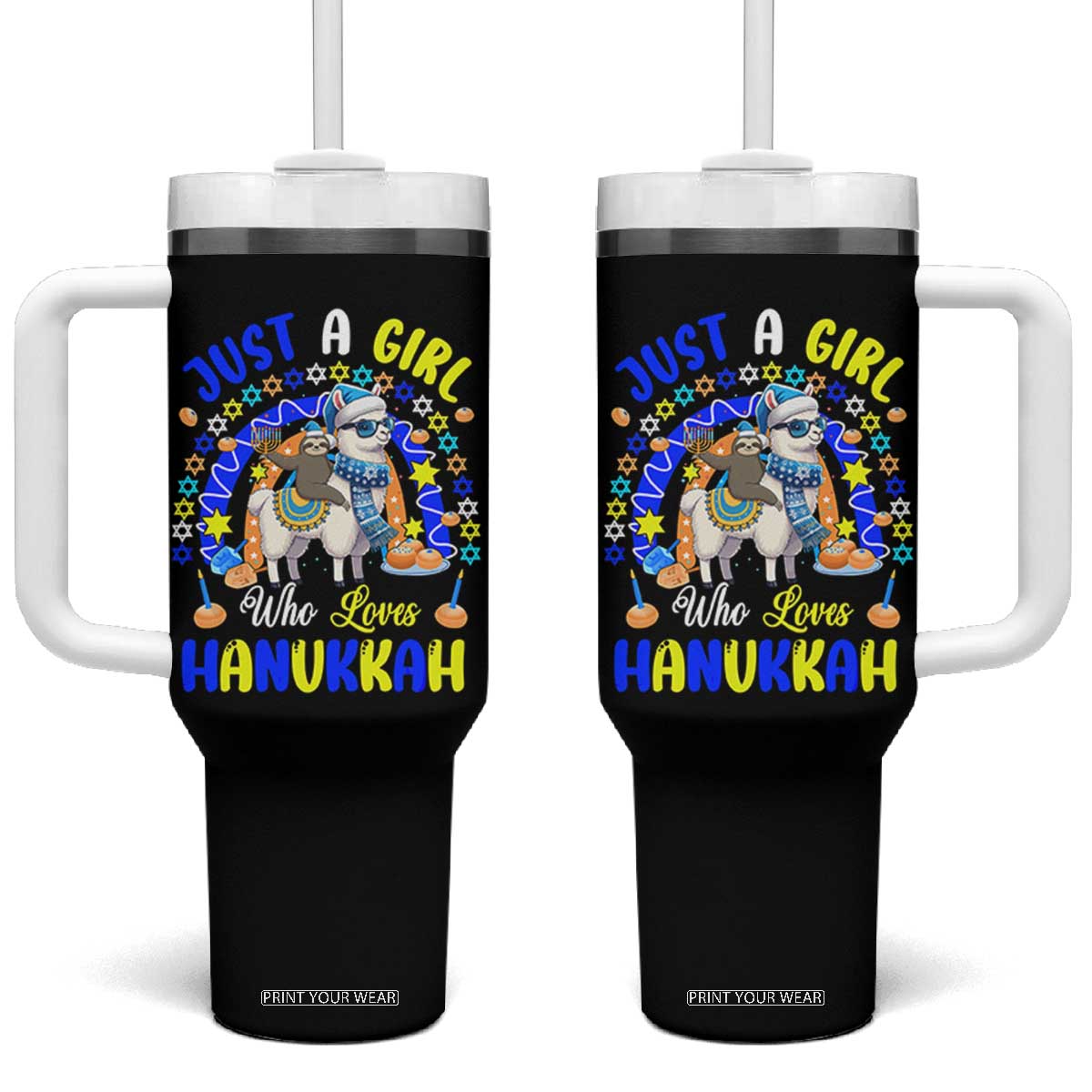 A Girl Loves Hanukkah Tumbler With Handle Funny Sloth On Llama Jewish Holiday Gift TS12 One Size: 40 oz Black Print Your Wear