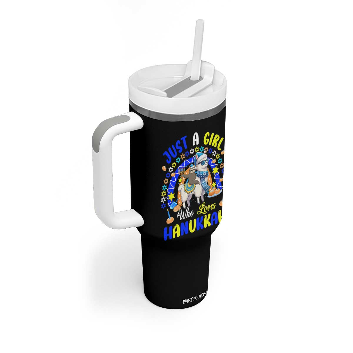 A Girl Loves Hanukkah Tumbler With Handle Funny Sloth On Llama Jewish Holiday Gift TS12 Print Your Wear