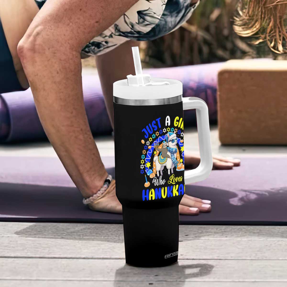 A Girl Loves Hanukkah Tumbler With Handle Funny Sloth On Llama Jewish Holiday Gift TS12 Print Your Wear