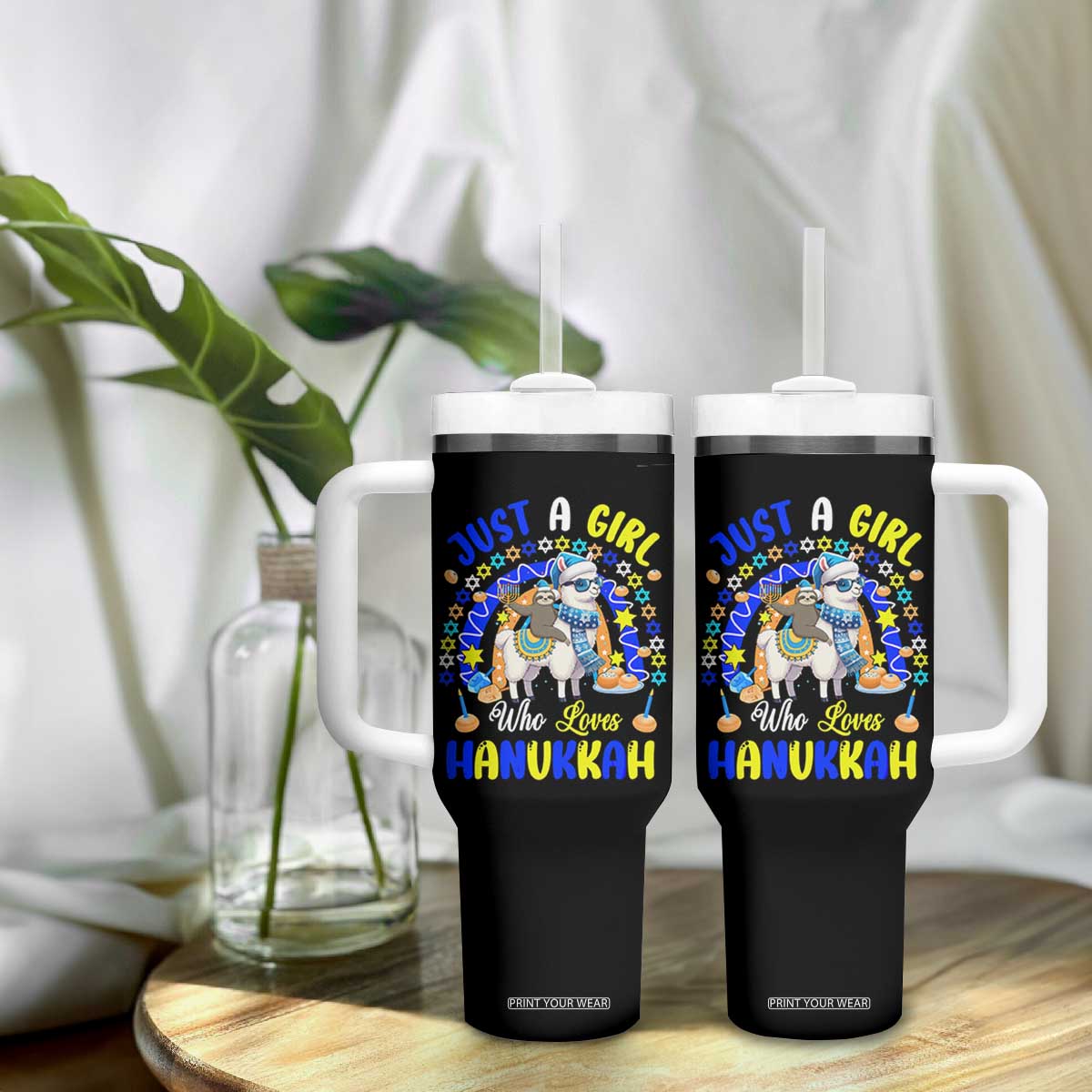 A Girl Loves Hanukkah Tumbler With Handle Funny Sloth On Llama Jewish Holiday Gift TS12 Print Your Wear